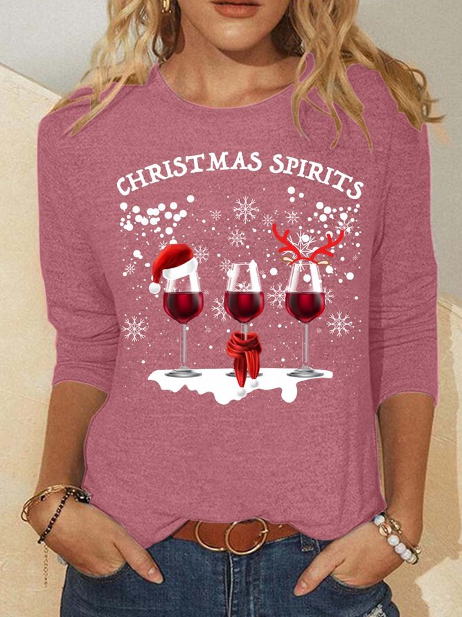Women’s Christmas Spirits Wine Crew Neck Christmas Casual Cotton-Blend Top