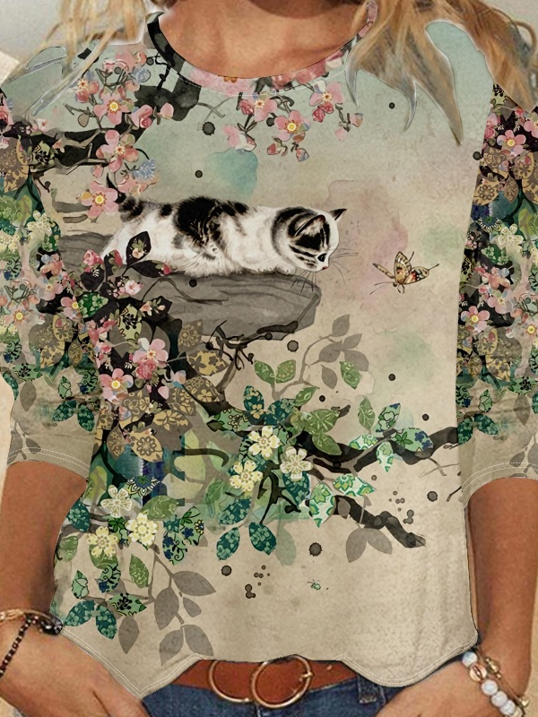 Women's Cat Butterfly Vintage Print Crew Neck Casual Top