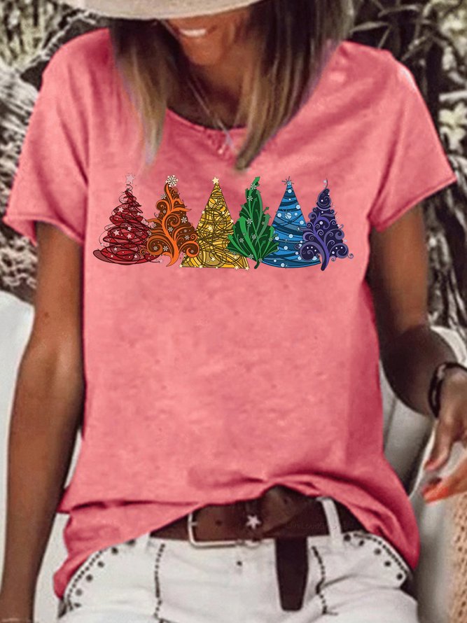 Women's Christmas Tree Print Crew Neck Casual T-Shirt