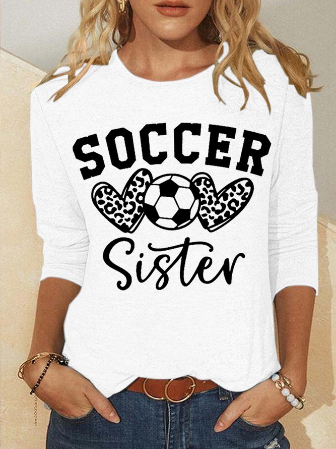 Women’s Soccer Sister Leopard Heart Regular Fit Simple Text Letters Long Sleeve Top