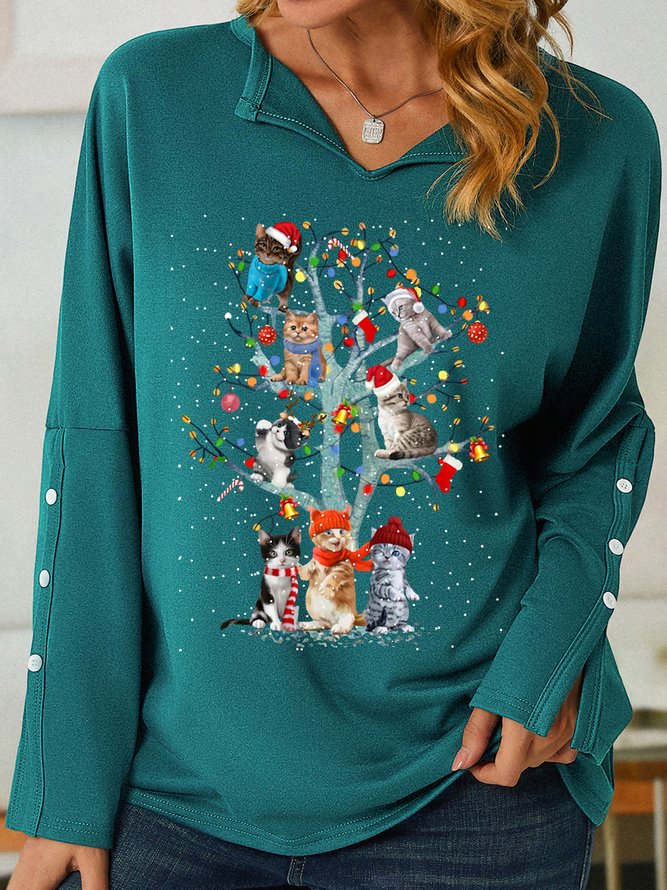 Women's Cute Cat Christmas Tree Print Sweatshirt