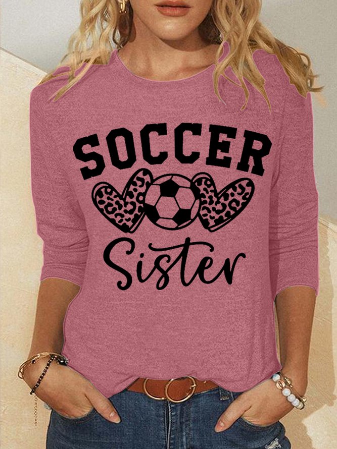 Women’s Soccer Sister Leopard Heart Regular Fit Simple Text Letters Long Sleeve Top