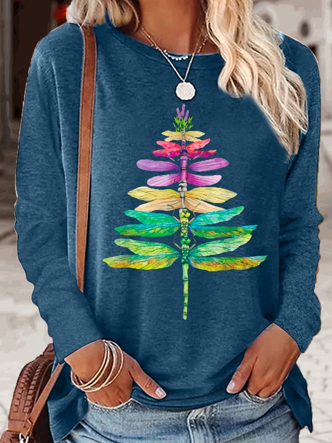 Women's dragonfly Christmas Tree Casual Letters Crew Neck Top