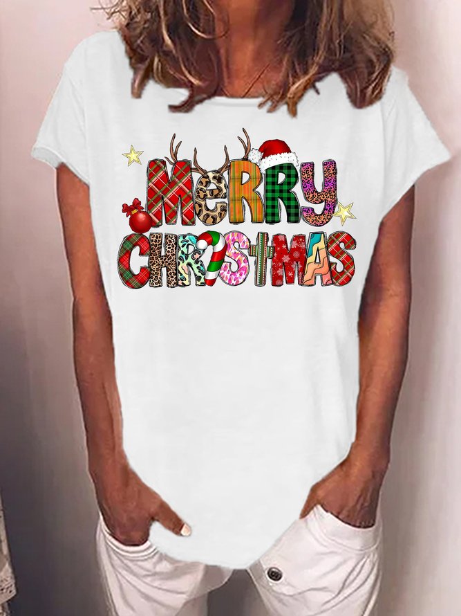 Women's Merry Christmas Funny Graphic Print Casual Cotton-Blend Crew Neck T-Shirt