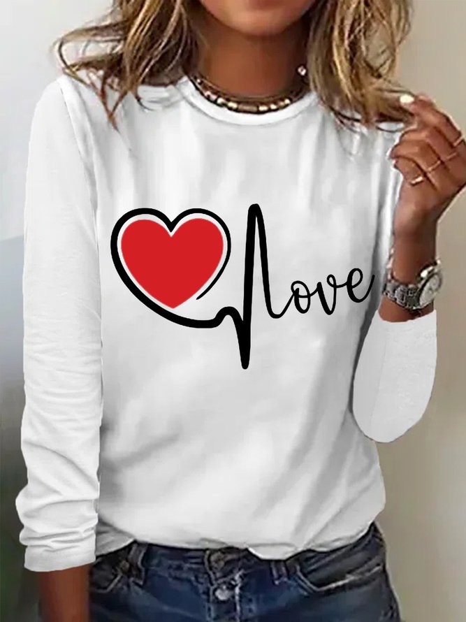 Women's Love Simple Heart  Cotton-Blend Long Sleeve Top