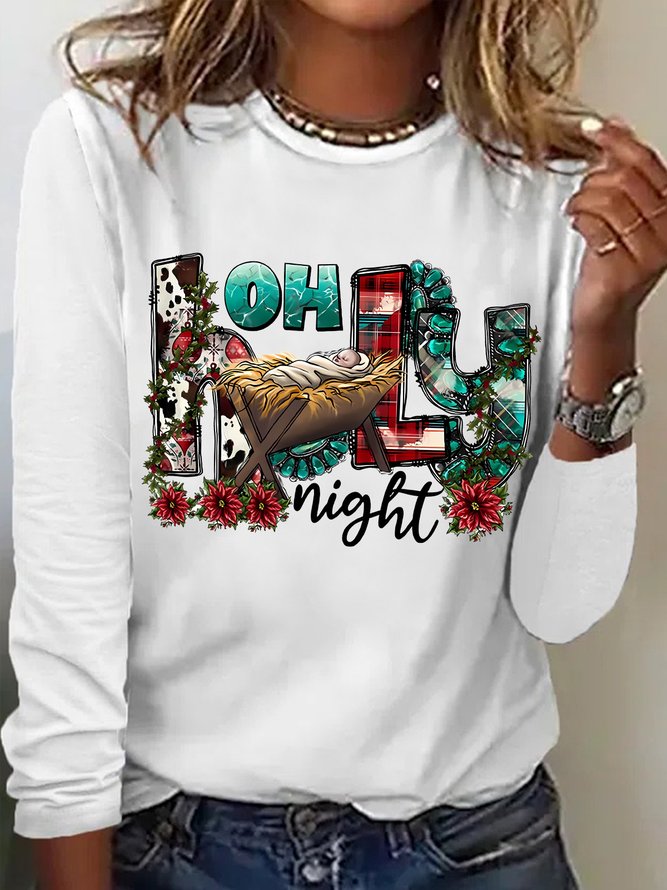Women's Oh Holy Night Christmas Religion Graphic Print Crew Neck Casual Top