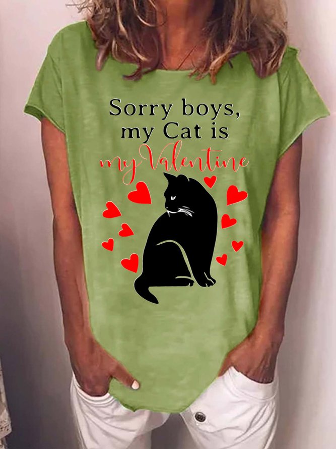Women's Sorry Boys My Cat Is My Valentine Love Funny Graphic Print Cotton-Blend Cat Casual Loose T-Shirt