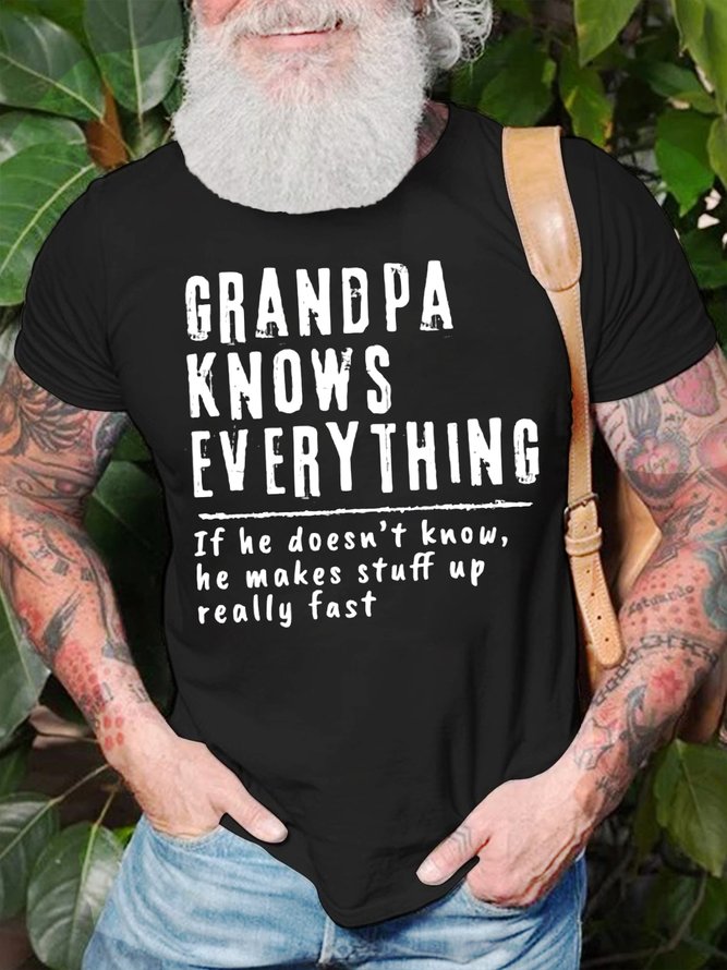 Men's Grandpa Knows Everything If He Does Not Know Funny Graphic Print Text Letters Loose Casual Cotton T-Shirt