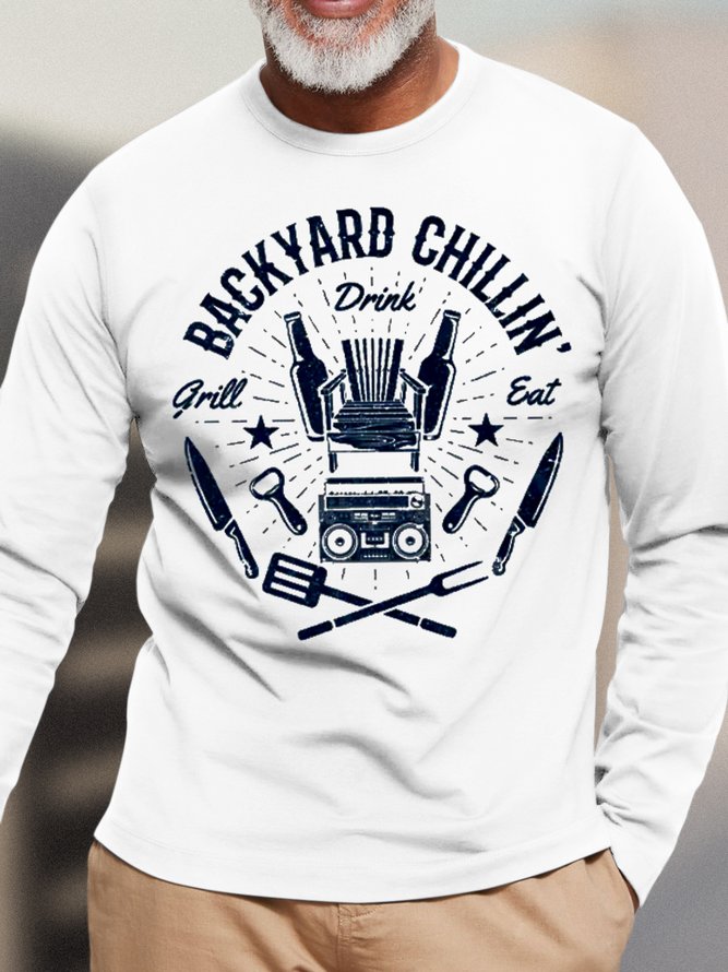 Men's Backyard Chillin Drink Funny Graphic Print Crew Neck Cotton Loose Casual Top