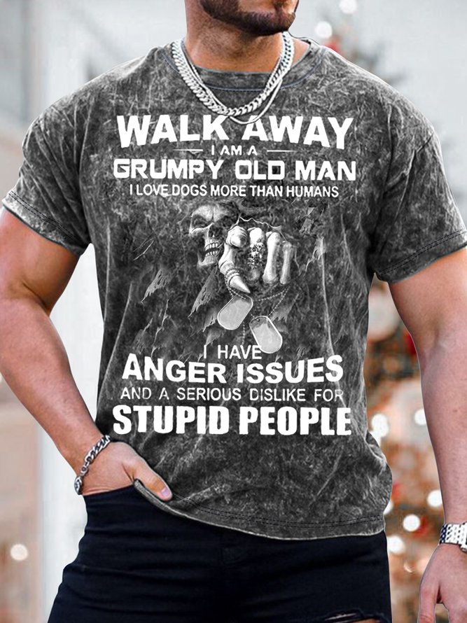 Men's Walk Away Grumpy Old Man Funny Print Text Letters Casual T-Shirt
