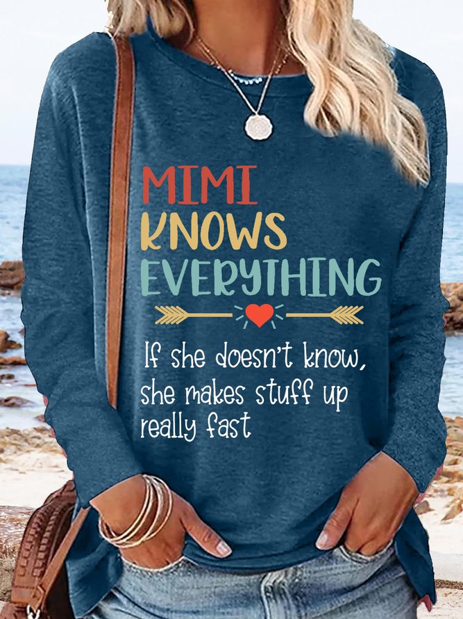 Women's Vintage Mimi Knows Everything Family Gifts Crew Neck Casual T-Shirt