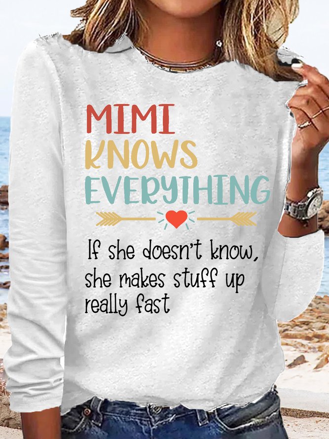 Women's Vintage Mimi Knows Everything Family Gifts Crew Neck Casual T-Shirt