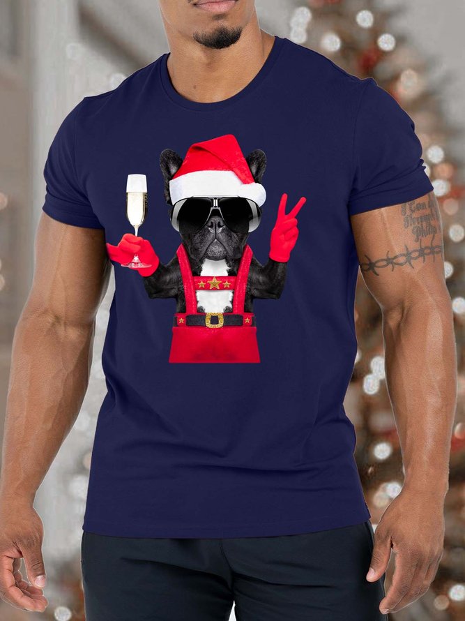 Men’s Merry Christmas Dog Wine Casual Crew Neck Christmas T-Shirt