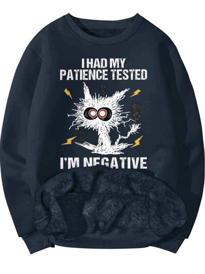 Men's I Am Negative Funny Grumpy Black Cat  Graphic Print Text Letters Casual Crew Neck Sweatshirt With Fifties Fleece