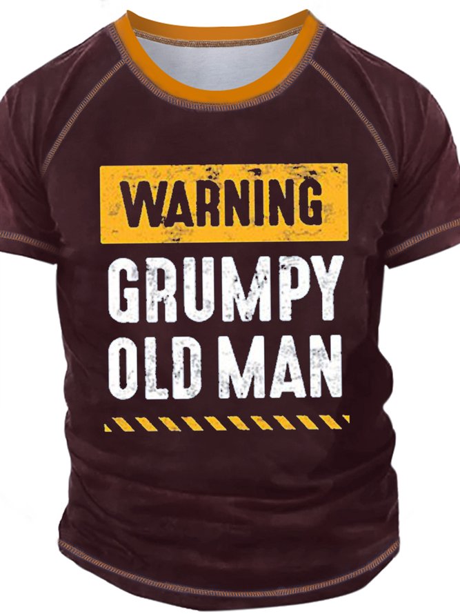 Men's Warning Grumpy Old Man Print Regular Fit Casual Crew Neck Text Letters T-Shirt