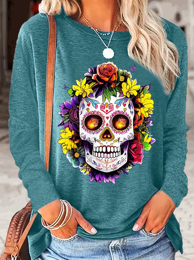 Women‘s Floral Sugar Skull Day of the Dead Dia De Muertos Print Top