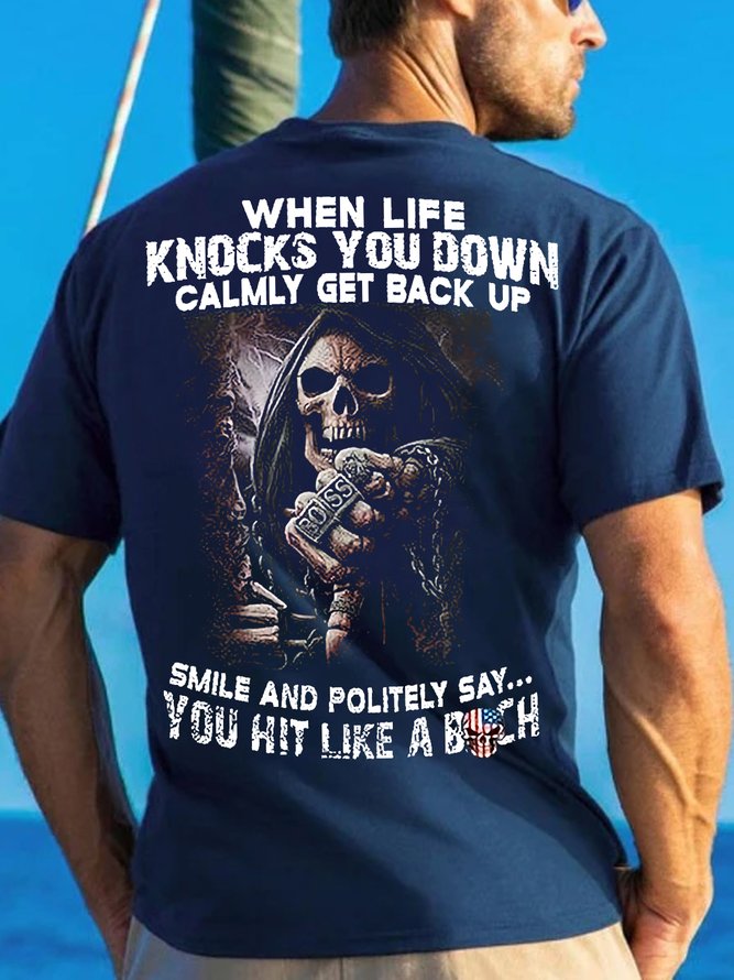 Men's When Life Knocks You Down Calmly Get Back Up American Flag Skull Funny Graphic Print Cotton Casual Text Letters Loose T-Shirt