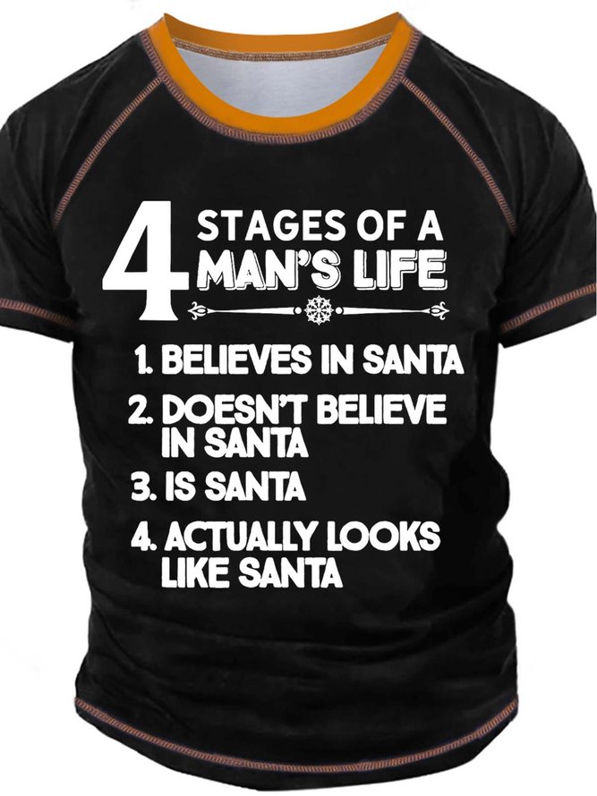 Men’s 4 Stages Of A Man’s Life Believes In Santa Regular Fit Crew Neck Casual Christmas T-Shirt