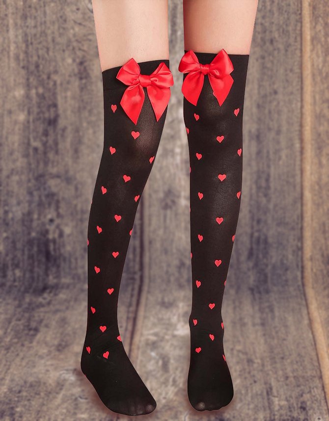 Black Heart Pattern Bow Decoration Knee Socks Stockings Valentine's Day Gift Accessories