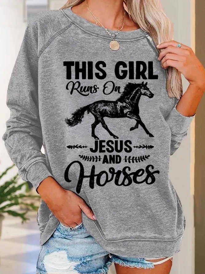 Women's Funny Word This Girl Runs On Jesus and Horses Simple Text Letters Sweatshirt