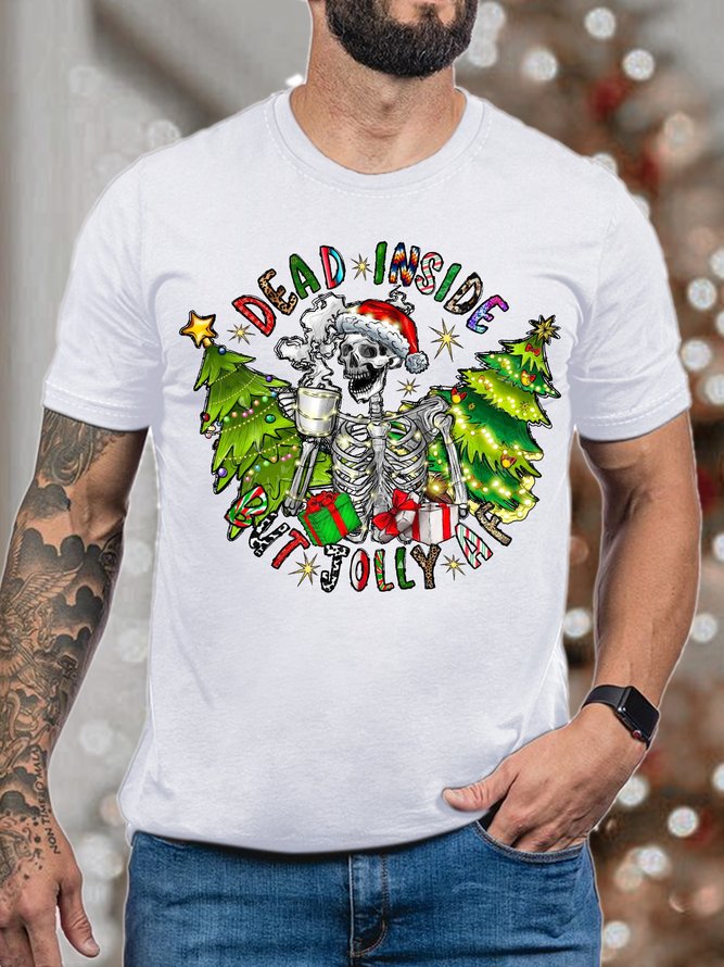 Men's Dead Inside But Jolly Christmas Skeleton Funny Graphic Print Cotton Loose Text Letters Casual T-Shirt