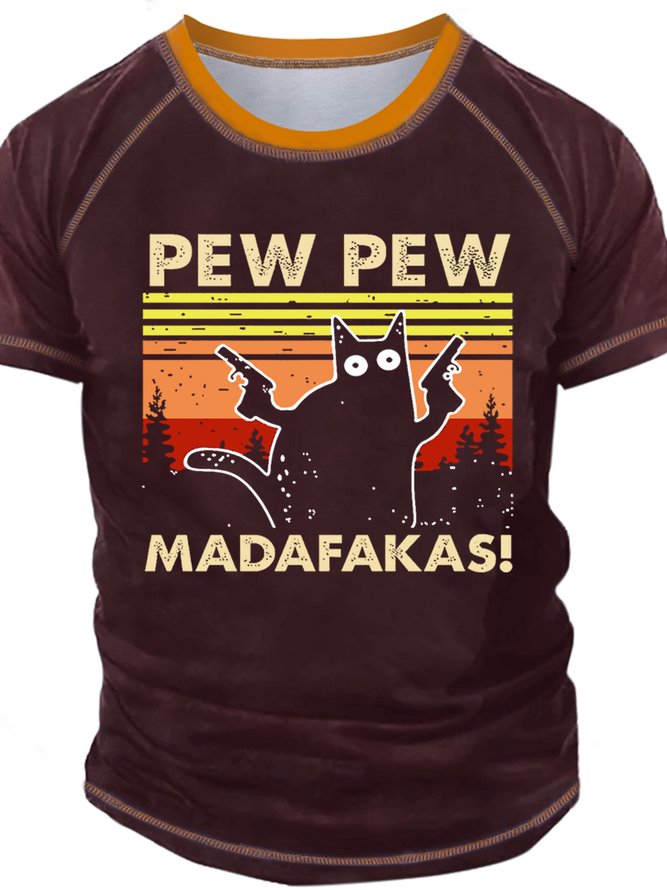 Men's Pew Pew Madafakas Grumpy Cat Funny Graphic Print Vintage Regular Fit Text Letters T-Shirt