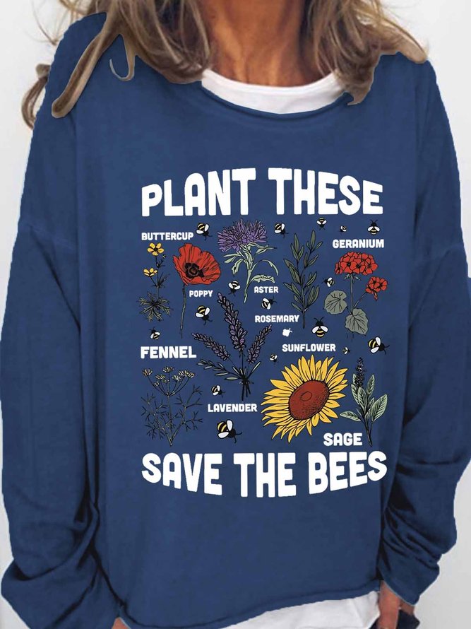 Women's Save The Bees Floral Botanical Loose Text Letters Simple Sweatshirt
