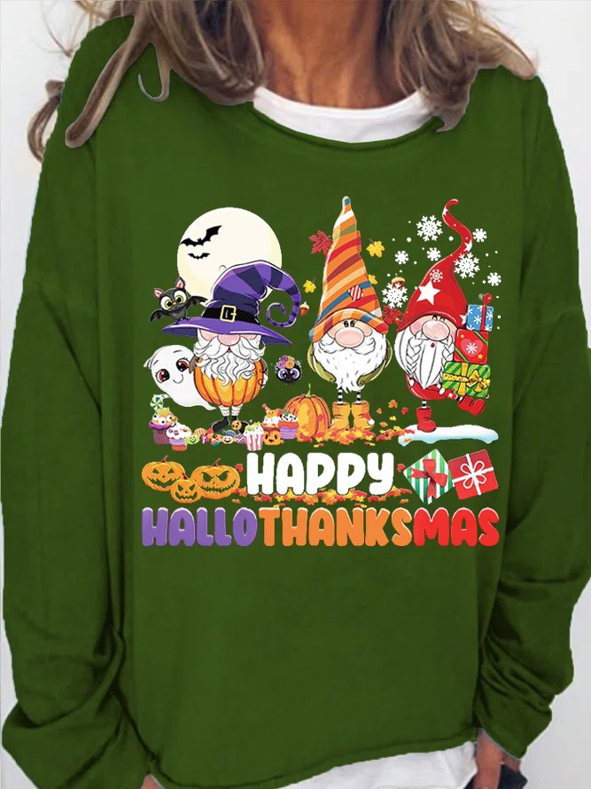 Womens Happy Hallothanksmas Holiday Gnomes Crew Neck Sweatshirt