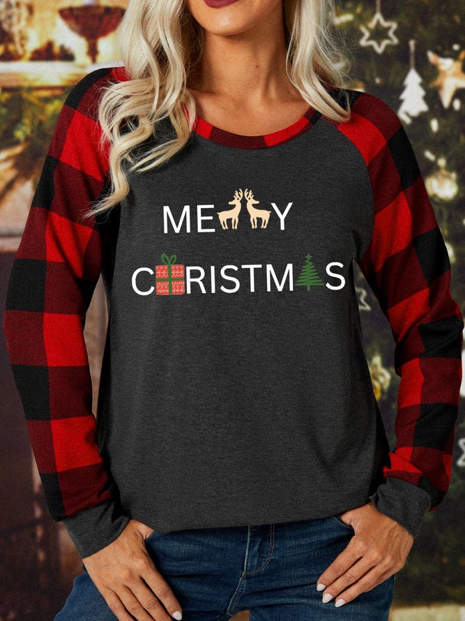 Lilicloth X Vithya Merry Christmas Womens Long Sleeve Buffalo Plaid T-Shirt