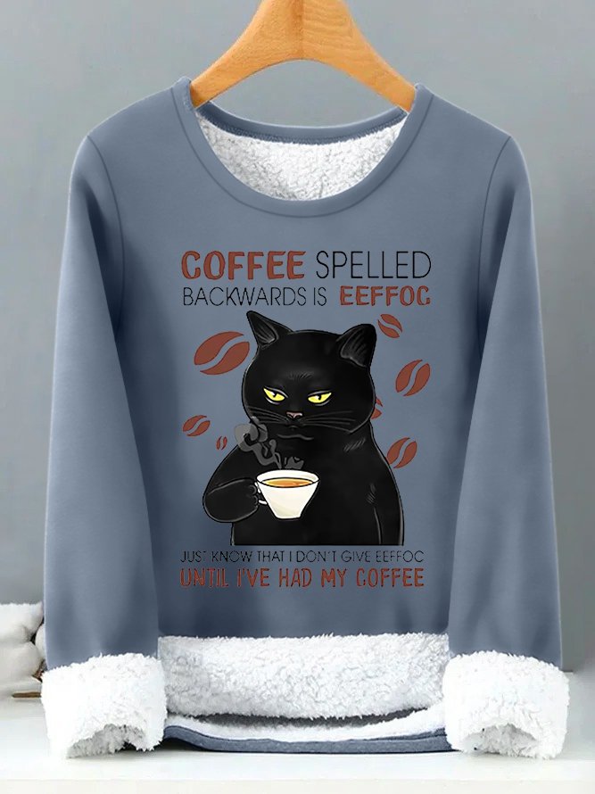 Women's Coffee Spelled Backwards Is Eeffoc Funny Black Cat Graphic Print Warmth Fleece Sweatshirt