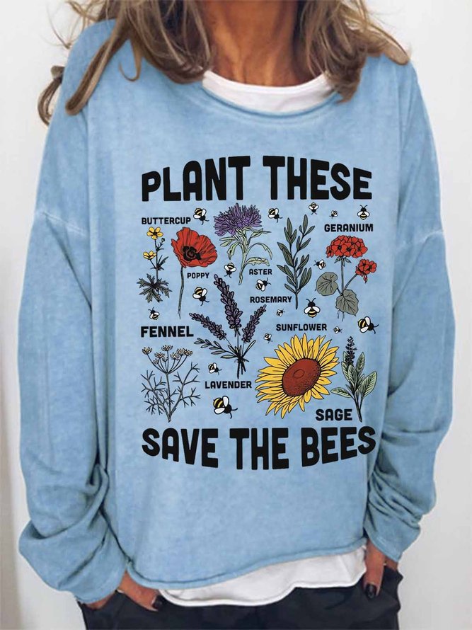 Women's Save The Bees Floral Botanical Loose Text Letters Simple Sweatshirt