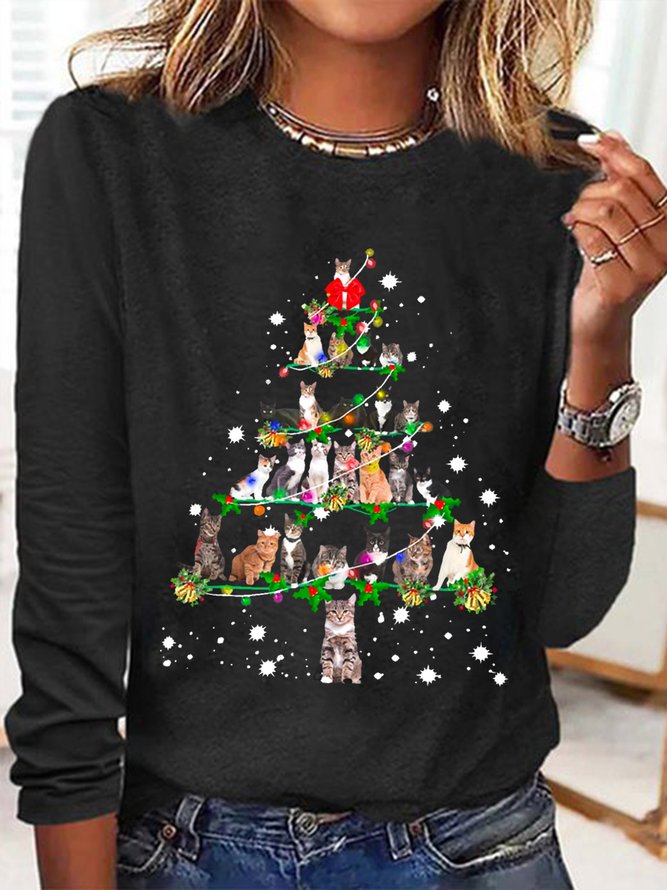 Women‘s Funny Cat Simple Christmas Tree Long Sleeve Top