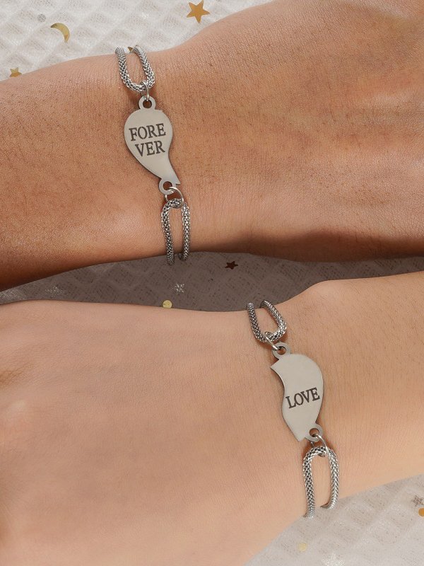 2PcsForever Love Love Heart Pattern Couple Bracelet Set Valentine's Day Gift Jewelry