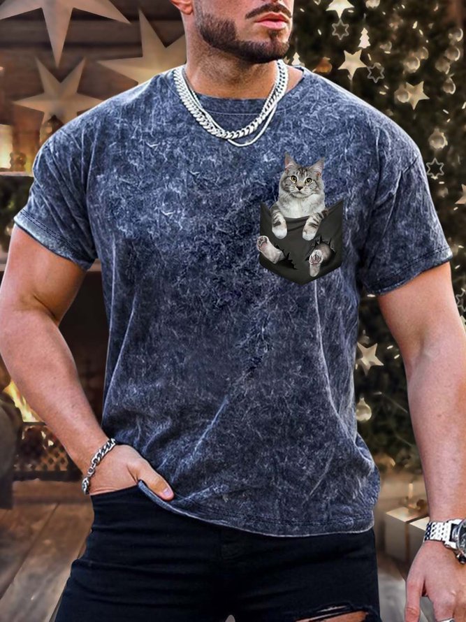 Men’s Cat In The Pocket Pattern Crew Neck Regular Fit Casual T-Shirt