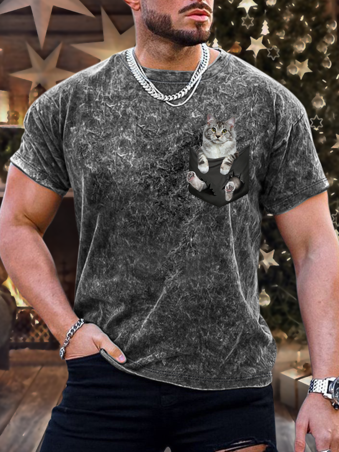Men’s Cat In The Pocket Pattern Crew Neck Regular Fit Casual T-Shirt