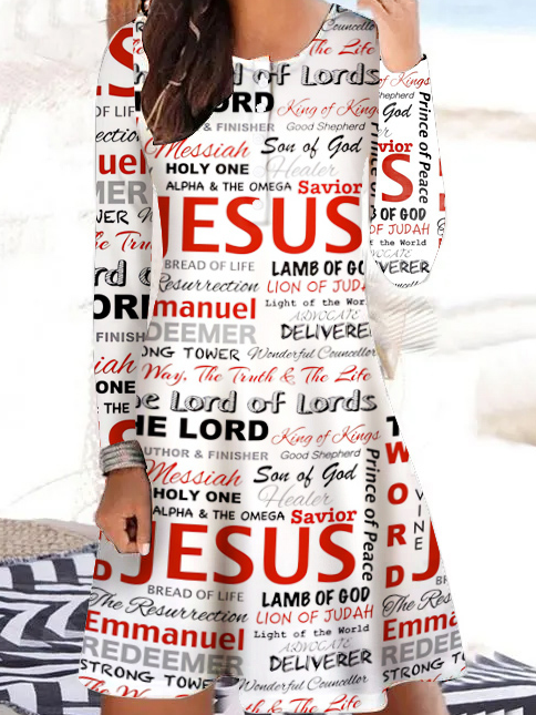 Women's Jesus Word Regular Fit Geometric Buttons Crew Neck Casual Dress