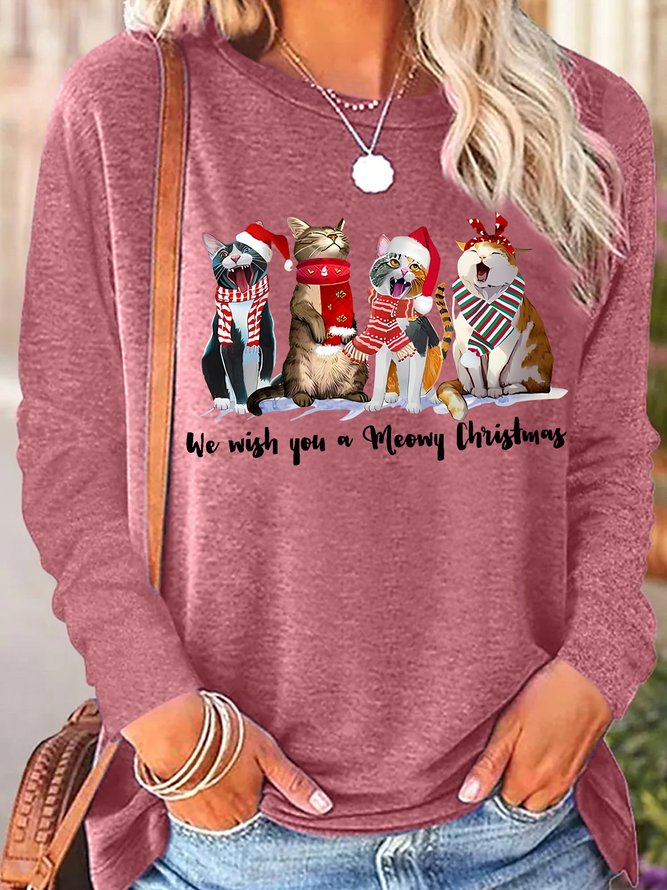 Women's Christmas cat lover Letters Print Casual Top