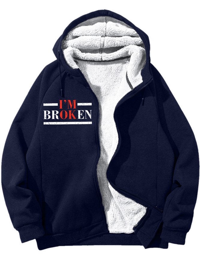 Men's I Am Broken Funny Text Letters Graphic Print Hoodie Zip Up Sweatshirt Warm Jacket With Fifties Fleece