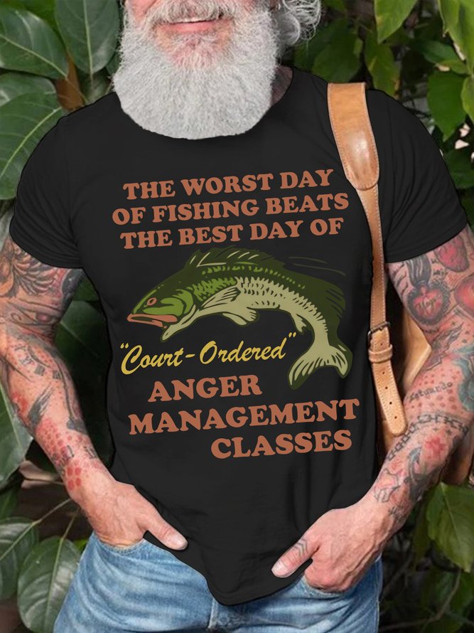 Men's The Worst Day Of Fishing Beats The Best Day Funny Graphic Print Text Letters Crew Neck Cotton Casual T-Shirt