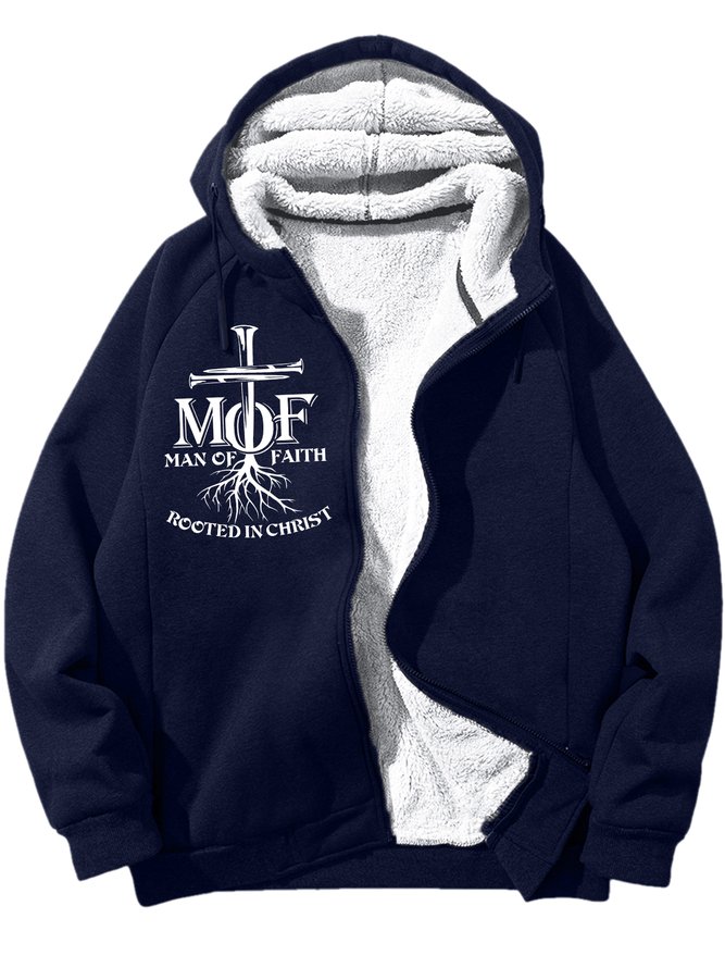 Men's Mof Man Of Faith Rooted In Christ Text Letters Graphic Print Hoodie Zip Up Sweatshirt Warm Jacket With Fifties Fleece