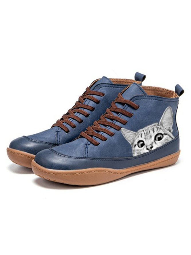 Funny Cat Splicing Leather Casual Boots