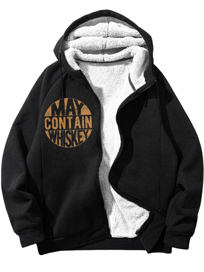 Men's May Contain Whiskey Funny Text Letters Graphic Print Hoodie Zip Up Sweatshirt Warm Jacket With Fifties Fleece