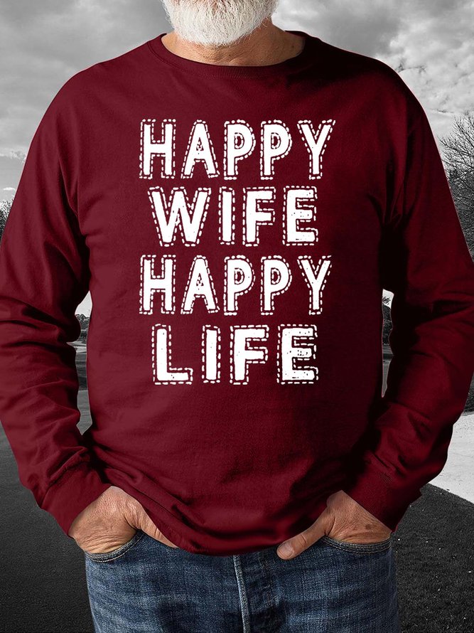 Men’s Happy Wife Happy Life Casual Regular Fit Text Letters Sweatshirt