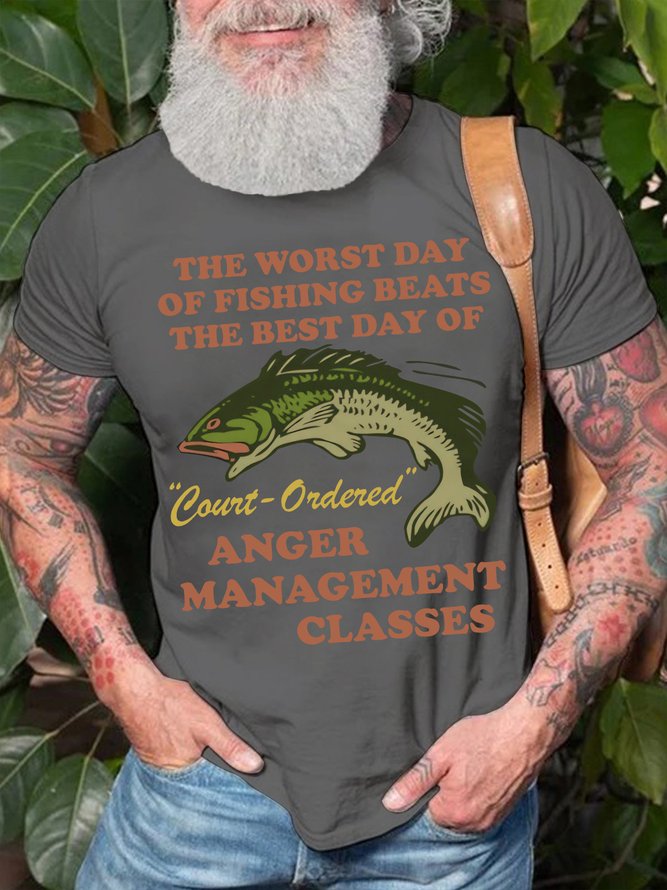 Men's The Worst Day Of Fishing Beats The Best Day Funny Graphic Print Text Letters Crew Neck Cotton Casual T-Shirt