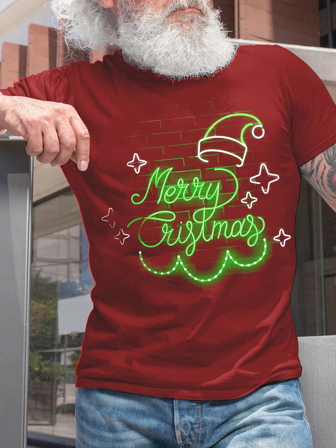 Men's Merry Christmas Funny Graphic Print Text Letters Casual Crew Neck Cotton T-Shirt