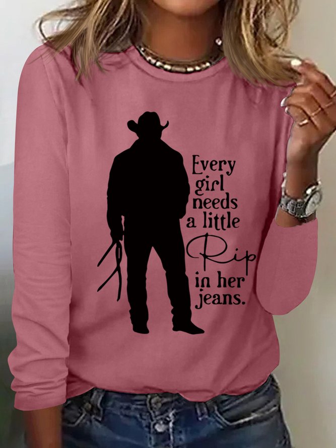 Women Funny Word Every Girl Needs A Little Rip In Her Jeans Text Letters Cotton-Blend Long Sleeve Top