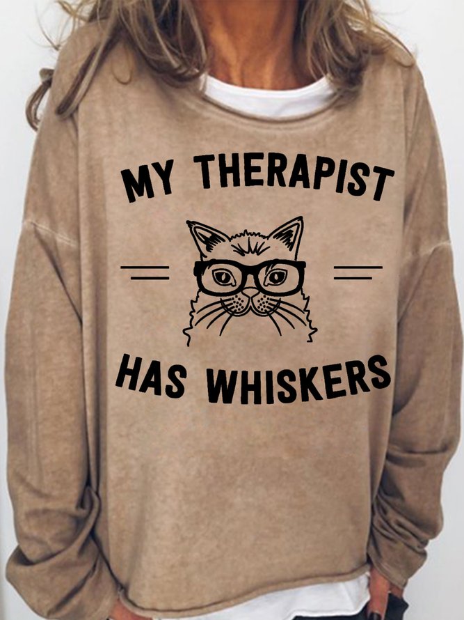 Women's My therapist Has Whiskers Cat Lover Crew Neck Sweatshirt
