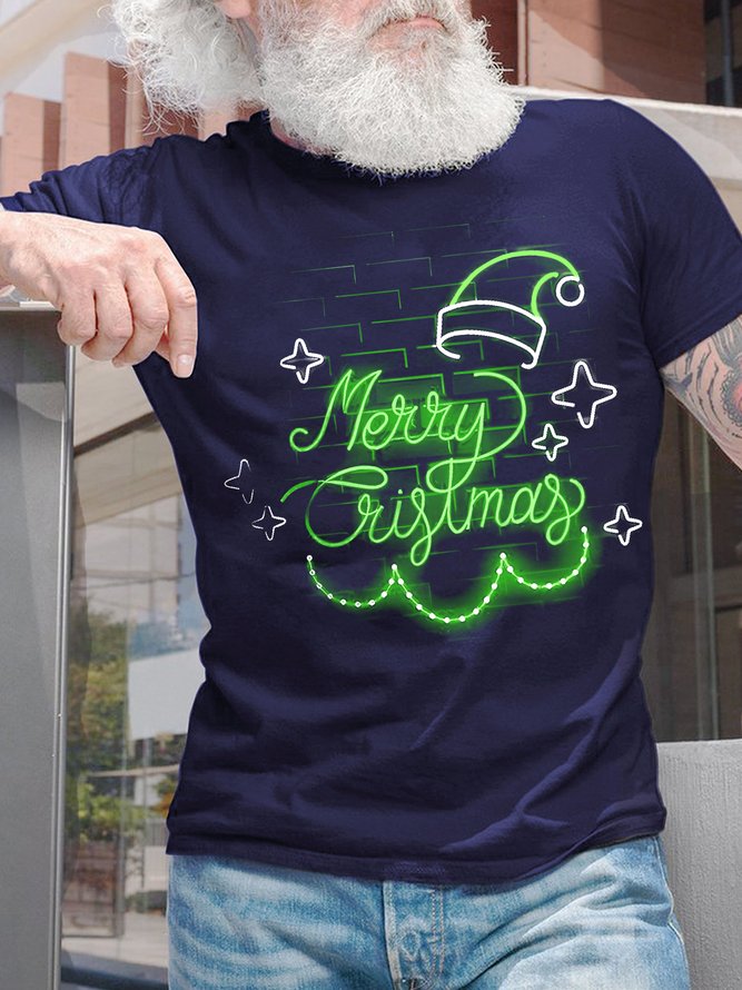 Men's Merry Christmas Funny Graphic Print Text Letters Casual Crew Neck Cotton T-Shirt