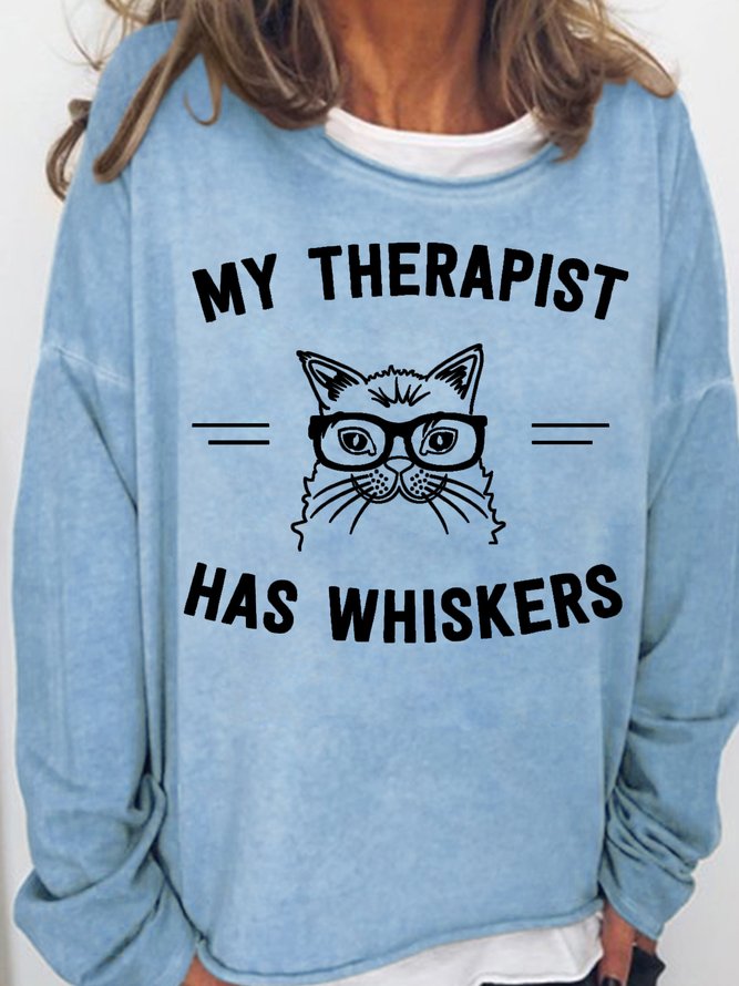 Women's My therapist Has Whiskers Cat Lover Crew Neck Sweatshirt