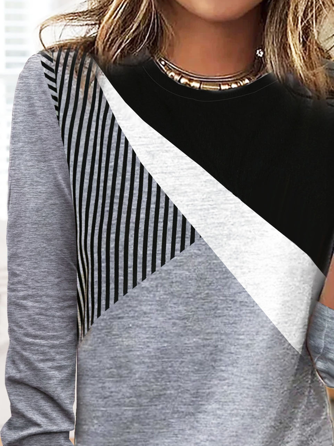 Striped Patchwork Contrast Printed Casual Long-sleeve T-shirt